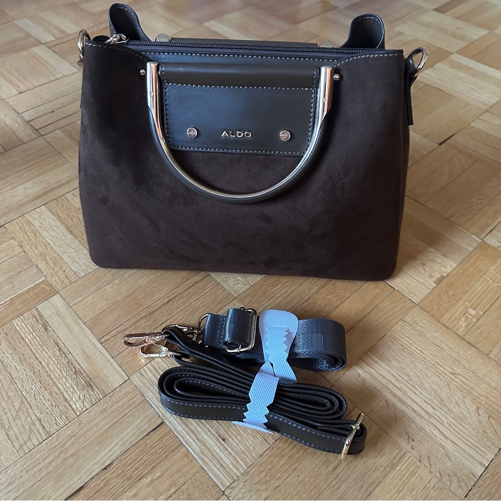 Aldo Brown Suede Satchel with Metallic Handles - Picture 2 of 5